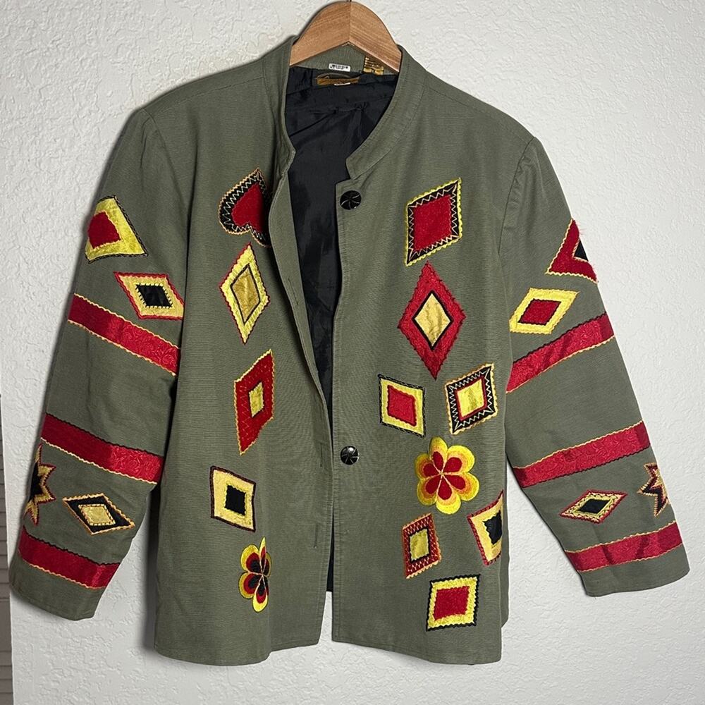 Alex Kim Olive Green Embroidered Jacket Colorful Southwestern Artsy Aztec 1X